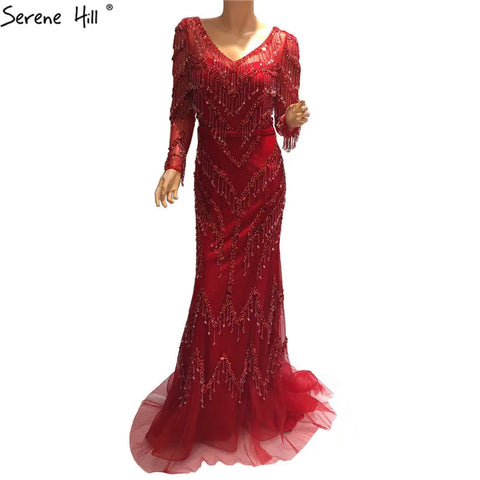 Robe de soirée sirène dorée à col en V et manches longues, avec pompons et perles, nouvelle collection 2025, LA6631 