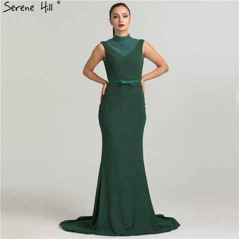 En oferta, sin devoluciones ni reembolsos. Vestidos de noche de diseño exclusivo, color verde brillante, cuello alto, sin mangas, estilo sirena, colección 2025. Modelo LA6433 