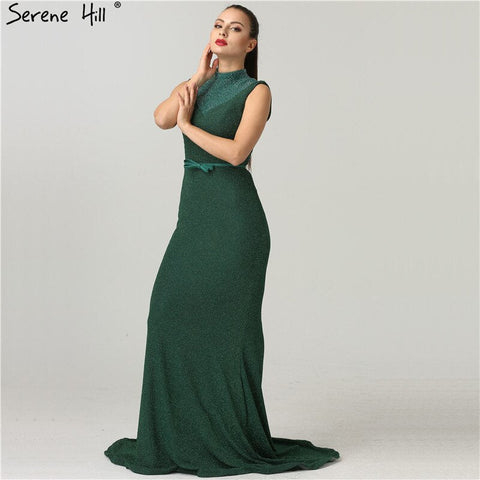 En oferta, sin devoluciones ni reembolsos. Vestidos de noche de diseño exclusivo, color verde brillante, cuello alto, sin mangas, estilo sirena, colección 2025. Modelo LA6433 