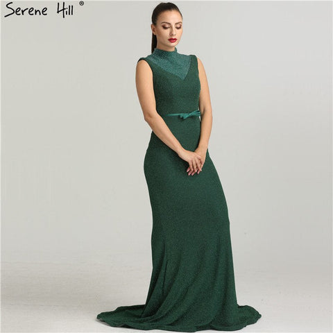 En oferta, sin devoluciones ni reembolsos. Vestidos de noche de diseño exclusivo, color verde brillante, cuello alto, sin mangas, estilo sirena, colección 2025. Modelo LA6433 