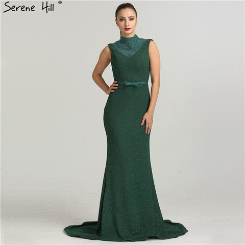 En oferta, sin devoluciones ni reembolsos. Vestidos de noche de diseño exclusivo, color verde brillante, cuello alto, sin mangas, estilo sirena, colección 2025. Modelo LA6433 