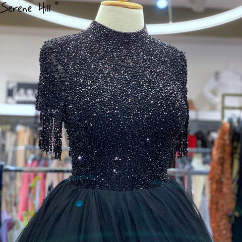 Sale Nude Crystall  A-Line High Neck Tulle Evening Dresses 2025 Beading Tassel Formal Dress Design LA70490