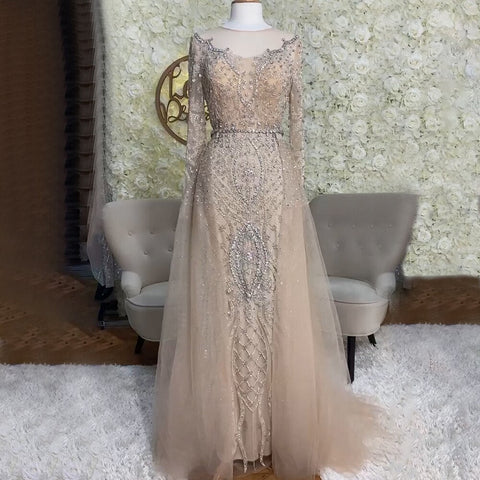 Nude Luxury Muslim Mermaid Evening Dresses Gowns 2025 Beaded Overskirt Elegant For Women Party LA71597