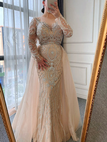 Nude Luxury Muslim Mermaid Evening Dresses Gowns 2025 Beaded Overskirt Elegant For Women Party LA71597