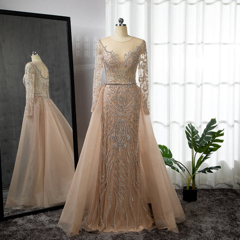 Nude Luxury Muslim Mermaid Evening Dresses Gowns 2025 Beaded Overskirt Elegant For Women Party LA71597