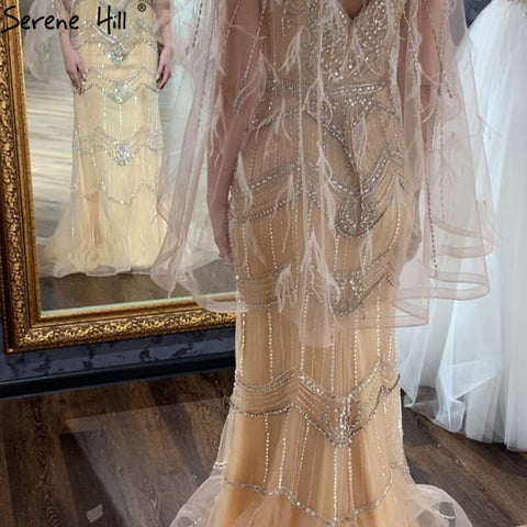 Nude Silver Mermaid V-Neck Sexy Evening Dresses 2025 Sleeveless Feathers Shawl Yarn Diamond Formal Dress LA70171B