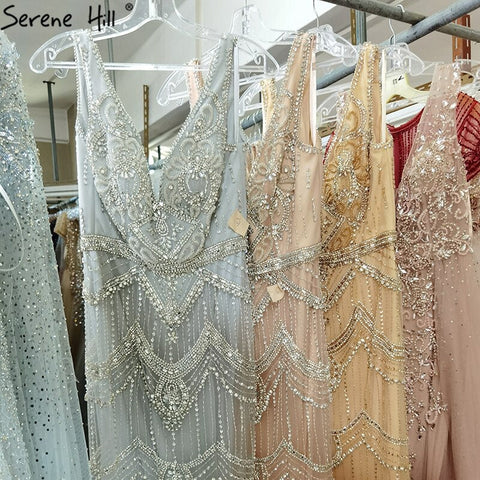 Nude Silver Mermaid V-Neck Sexy Evening Dresses 2025 Sleeveless Feathers Shawl Yarn Diamond Formal Dress LA70171B