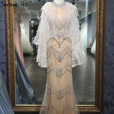 Nude Silver Mermaid V-Neck Sexy Evening Dresses 2025 Sleeveless Feathers Shawl Yarn Diamond Formal Dress LA70171B