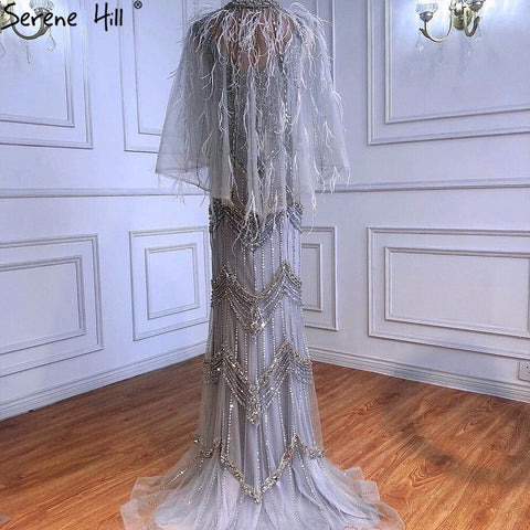 Nude Silver Mermaid V-Neck Sexy Evening Dresses 2025 Sleeveless Feathers Shawl Yarn Diamond Formal Dress LA70171B