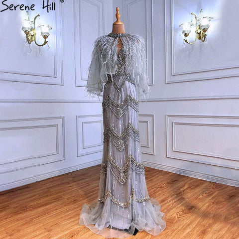 Nude Silver Mermaid V-Neck Sexy Evening Dresses 2025 Sleeveless Feathers Shawl Yarn Diamond Formal Dress LA70171B