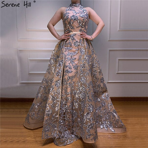 Nude Silver Sequined Sparkle Vintage Evening Dresses Halter Luxury Sexy Sleeveless Evening Gowns 2025 LA60877