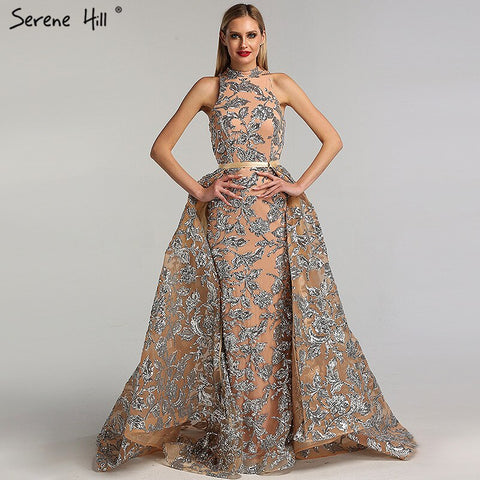 Nude Silver Sequined Sparkle Vintage Evening Dresses Halter Luxury Sexy Sleeveless Evening Gowns 2025 LA60877