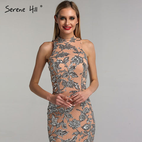 Nude Silver Sequined Sparkle Vintage Evening Dresses Halter Luxury Sexy Sleeveless Evening Gowns 2025 LA60877