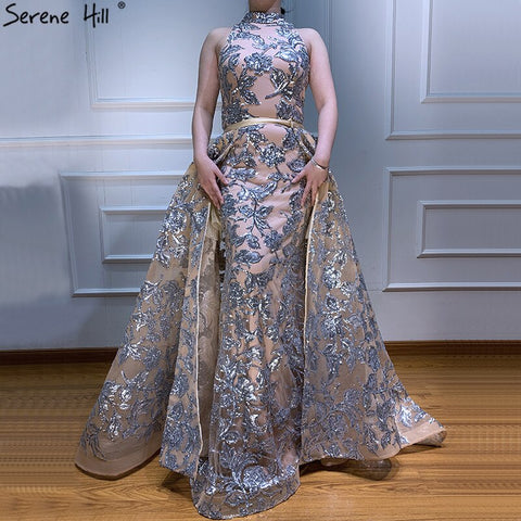 Nude Silver Sequined Sparkle Vintage Evening Dresses Halter Luxury Sexy Sleeveless Evening Gowns 2025 LA60877