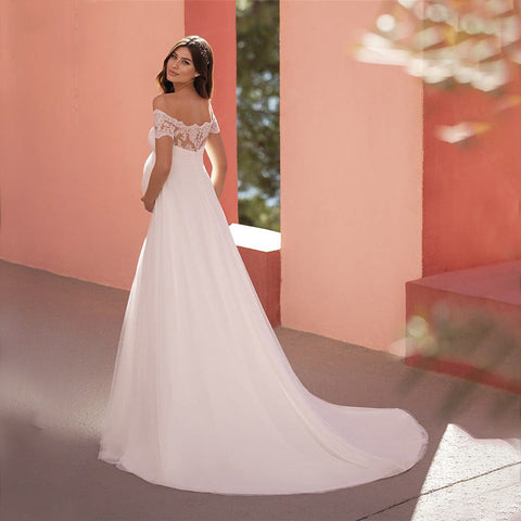 6129#Maternity wedding dress short-sleeved lace one-line collar mop tail bridal dress