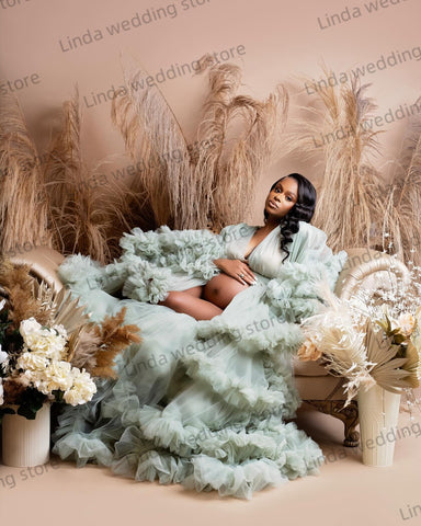 Prom Dress Sexy V-Neck Ruffle Front Split Pregnancy Photography Tauze Sleeve Ruffled Maternity Wear