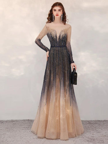 Robe de bal trapèze sexy à manches longues et perles pour femme 