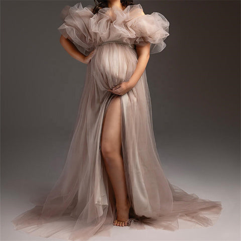 Pregnant women's portrait tulle dress one-shoulder off-the-shoulder split big belly evening dress