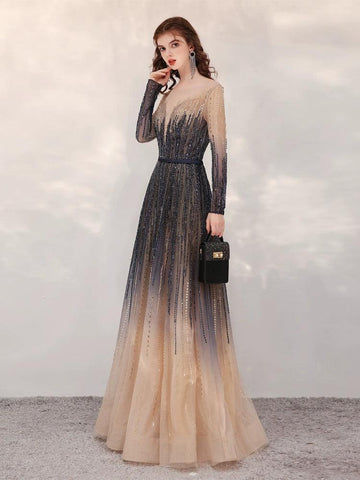 Robe de bal trapèze sexy à manches longues et perles pour femme 