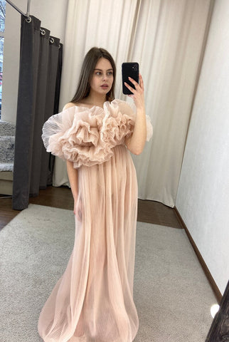 One-shoulder wrinkle perspective tulle pregnant women off-the-shoulder short-sleeved pregnant women photo evening dress