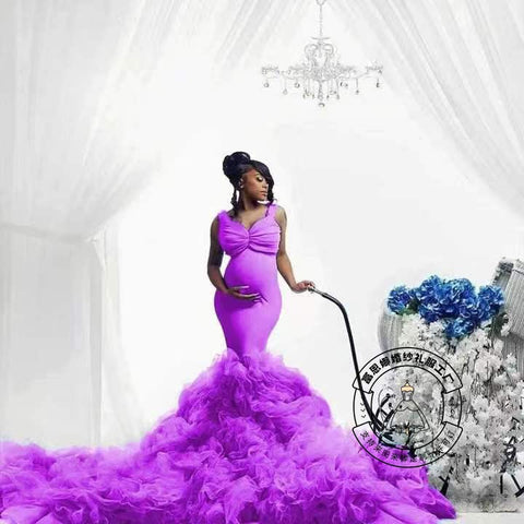 New soft net waist fishtail elastic swing pregnant women's big belly photo dress