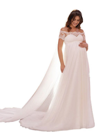 6129#Maternity wedding dress short-sleeved lace one-line collar mop tail bridal dress