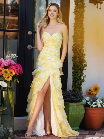 Robe de soirée bustier en mousseline imprimée florale à volants, fendue, modèle Y7881