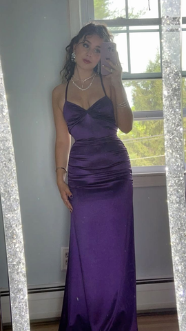 Robe de soirée longue fourreau en satin violet, modèle Y7920