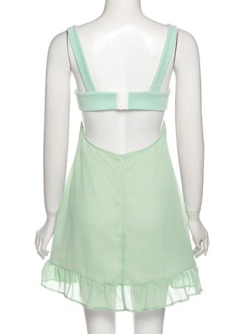 Vestido de fiesta corto verde de corte A, sin espalda, modelo Y2510