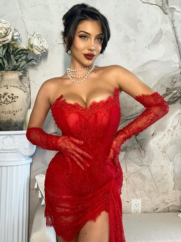 Vestido corto de encaje rojo para baile de bienvenida, vestido rojo de fiesta Y7387