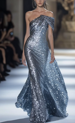 Vestido de noche largo de sirena con lentejuelas y un solo hombro, modelo Y8349