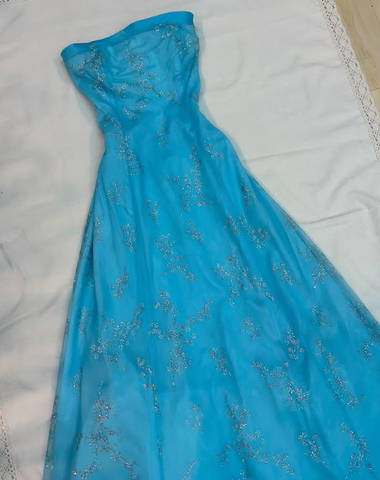 Robe de soirée bleue à sequins brillants sans bretelles, coupe trapèze, modèle Y8140