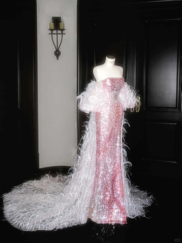 Robe de soirée sirène rose féérique sans bretelles, ornée de sequins et de plumes, fendue, modèle Y8660