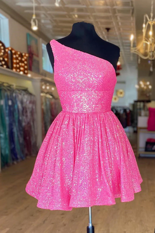 Vestido corto de fiesta rosa fucsia con un solo hombro y corte en A, con lentejuelas Y1487