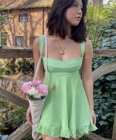 Vestido de fiesta corto verde de corte A, sin espalda, modelo Y2510