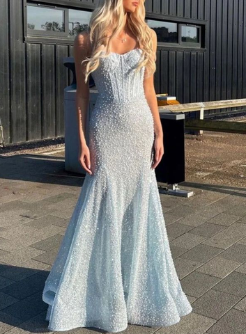 Robe de soirée sirène à sequins et perles, bretelles bleues, modèle Y8444