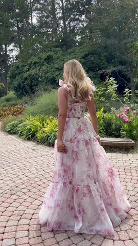 Robe de bal/soirée trapèze en mousseline imprimée de roses, modèle Y8498