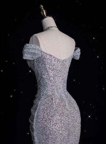 Robe de soirée longue sirène en tulle lilas pailleté et perles, épaules dénudées, Y8054