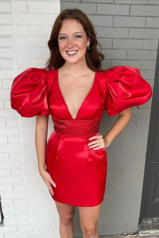 Vestido rojo satinado para baile de bienvenida con mangas abullonadas, vestido rojo de fiesta Y2296