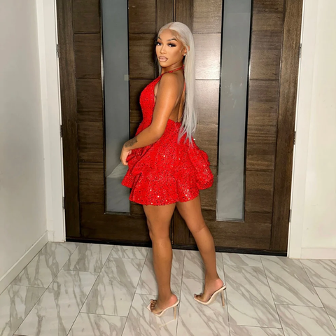 Vestido rojo de lentejuelas con volantes para fiesta de bienvenida, vestido para fiesta de cumpleaños número 18 Y2444