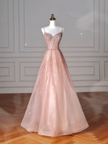 Robe de bal rose pailletée en tulle à sequins et perles, bretelles spaghetti, coupe trapèze, référence Y8619