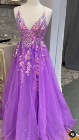 Robe de bal longue violette à col en V, en tulle et dentelle, avec fente haute (Y7847)