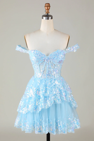 Vestido corto de fiesta de bienvenida con corsé azul brillante, encaje escalonado y corte en A Y4083