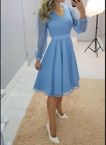 A-line Blue Long Sleeves Party Dress,Blue Homecoming Dress Y6045