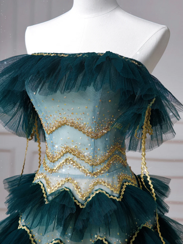 Robe de bal vintage vert foncé en tulle à sequins superposés, coupe trapèze, sans bretelles, Y8606