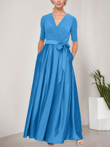 Surplice Neckline Ballgown with Full Satin Skirt & Jersey Bodice