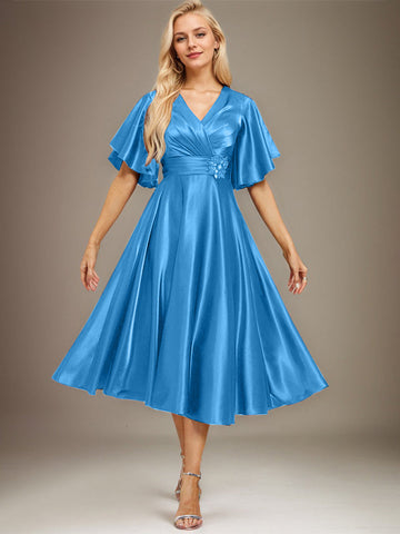 A-line V-Neck Tea-Length Stretch Satin Mother of the Bride Dress With Beading Pleated