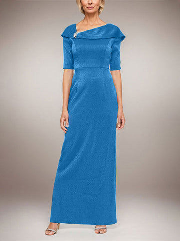 Long Shimmer Column Dress with Foldover Cuff L-Neckline and Elbow Sleeves
