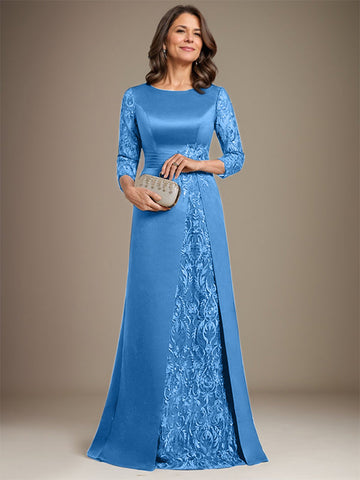 A-Line Scoop Floor-Length Lace Satin Mother Of the Bride Dress With Applique