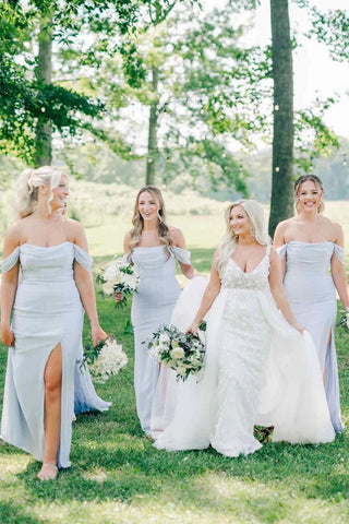 Off-Shoulder Pleated Light Blue Long Bridesmaid Dress with Split BD142